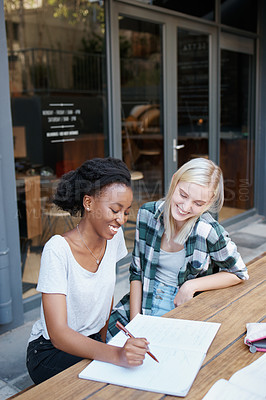 Buy stock photo Students, smile and education on university campus for scholarship, learning and assignment. College, knowledge and women with book for discussion, collaboration and sharing information on project