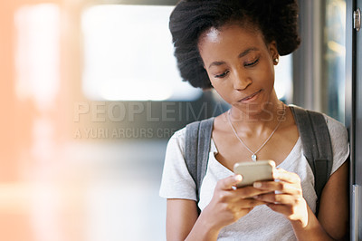Buy stock photo Student, mobile phone and black woman typing text message, social media or internet browsing on university campus. Lens flare, smartphone and female person for networking, communication or chatting