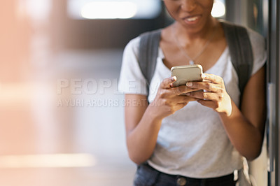 Buy stock photo Phone, hands and black woman networking at university with mobile app, internet or website. Research, technology and African student typing and read email online with cellphone at college campus.