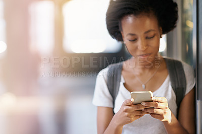 Buy stock photo Phone, happy and black woman networking at university with mobile app, internet or website. Smile, technology and African female student typing and read email online with cellphone at college campus.