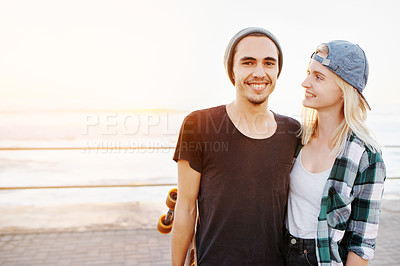 Buy stock photo Couple, love and smile with date at beach in cold in summer  or hot weather, together and support in London. Relationship, commitment and bonding for romance with soulmate, care and happiness.