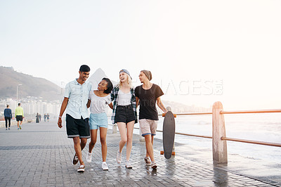 Buy stock photo Happy, walking and couple of friends by ocean laugh for holiday, summer vacation and relax. Double date, promenade and men and women smile by seaside for travel, weekend and fun together for bonding