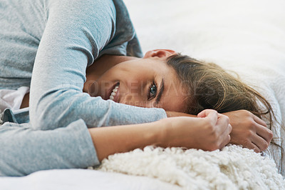 Buy stock photo Happy, morning and portrait of woman in bed for relaxing, resting and wake up from sleep in home. Smile, house and face of person in bedroom with blanket on weekend, vacation and break for comfort