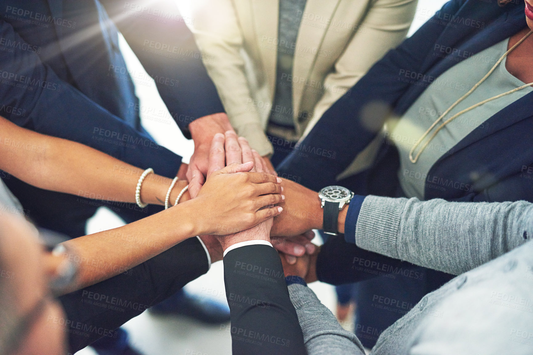 Buy stock photo Team building, top view and business people hands in office with support, solidarity and trust, faith or cooperation. Partnership, collaboration and group huddle in unity for motivation, care or help