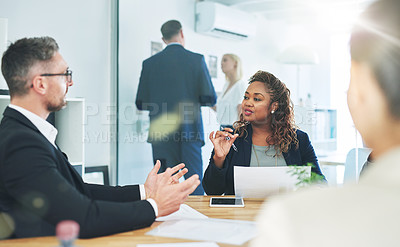 Buy stock photo Meeting, proposal and business people with advisor, paperwork and development in office. Men, women and teamwork in conference room for strategy, planning and discussion for ideas, pitch or growth