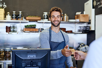Buy stock photo Cashier, smile and credit card for payment, financial transaction and service in coffee shop. Barista or server and happy in cafe for discount, purchase or checkout in hospitality, b2c or giftcard