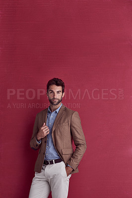 Buy stock photo Businessman, portrait and smile in fashion by wall with confidence for career, mockup space and professional. Corporate, employee or blazer with pride, smart casual or happy for creative occupation