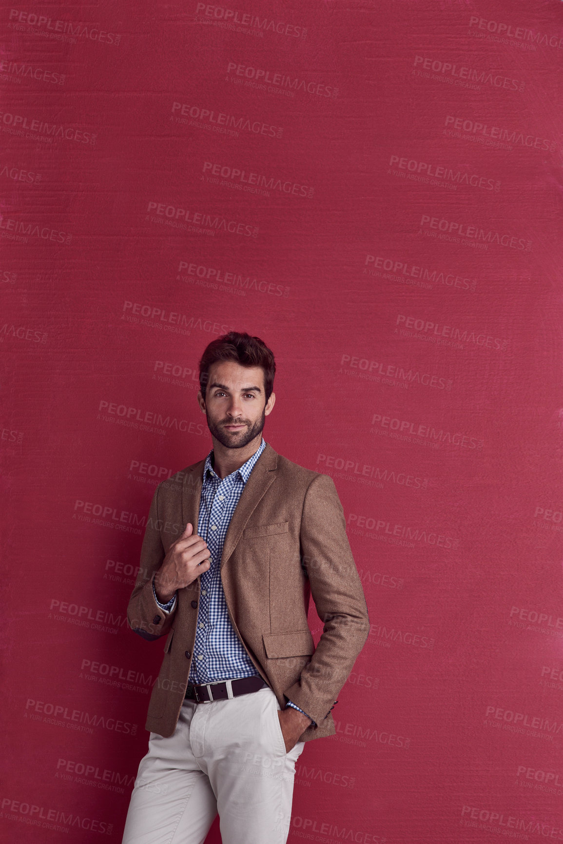 Buy stock photo Businessman, portrait and smile in fashion by wall with confidence for career, mockup space and professional. Corporate, employee or blazer with pride, smart casual or happy for creative occupation