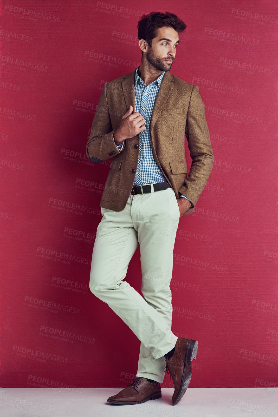Buy stock photo Confident, businessman and fashion, thinking with formal clothes about career, job and positive mindset. Calm, corporate and stylish outfit in studio on red background for gentleman or profession