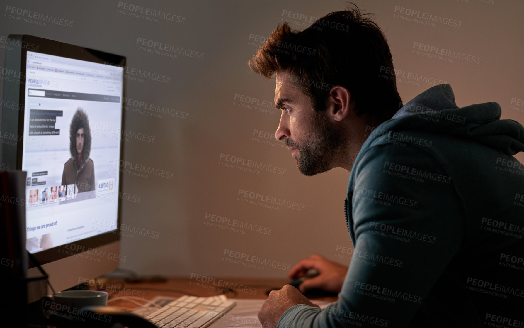 Buy stock photo Man, computer screen and night for web design deadline, website development or coding at startup. Creativity, focus and software programming with cyber tech, working late and UI for internet vlog 