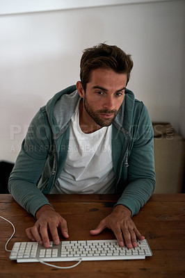 Buy stock photo Night, designer and man on computer for digital software, research and web design programming. Startup, problem solving and programmer coding late in office and overtime for cybersecurity network