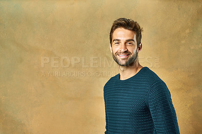 Buy stock photo Wall, fashion and portrait of man with smile for trendy clothes, cool style and relax with pride. Male person, happy and face with confidence for outfit stylish clothing or satisfaction in positivity