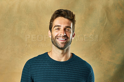 Buy stock photo Wall, happy and portrait of man with fashion for trendy style, cool clothes and relax with pride. Male person, smile and face with satisfaction for outfit, stylish jersey or confidence in positivity