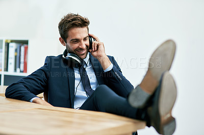 Buy stock photo Businessman, office and headphones with music for relax on break with smile for stress relief. Podcast, radio and entertainment at desk with streaming audio for enjoyment with happiness at work