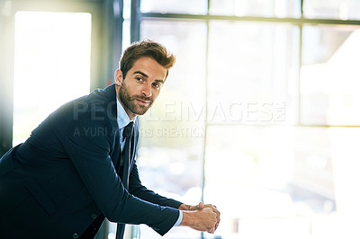 Buy stock photo Thinking, relax and businessman in office for inspiration, ideas or future goals in corporate or company. Professional, confident worker and salesman in workplace for decision, opportunity or choices