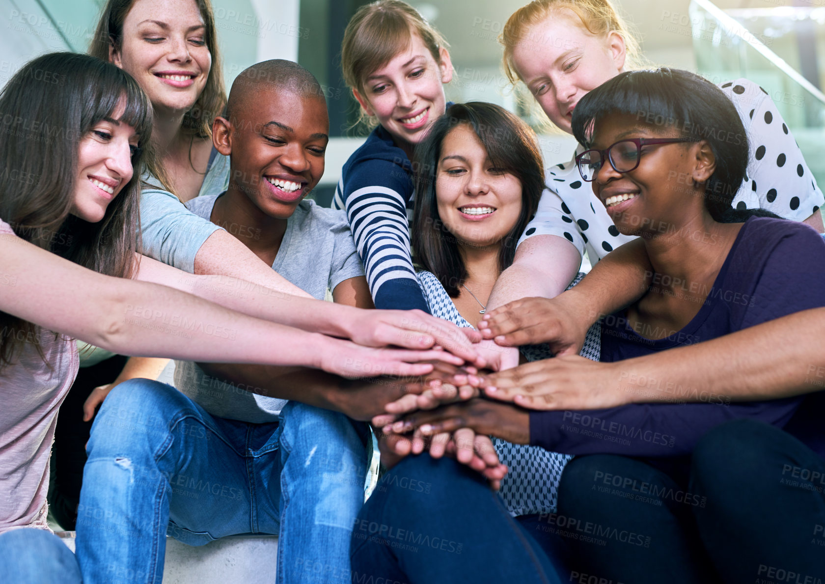 Buy stock photo Office, team and group of happy people with hands together in solidarity, creative collaboration or support. Synergy, employee engagement or startup employees with growth, development or trust circle
