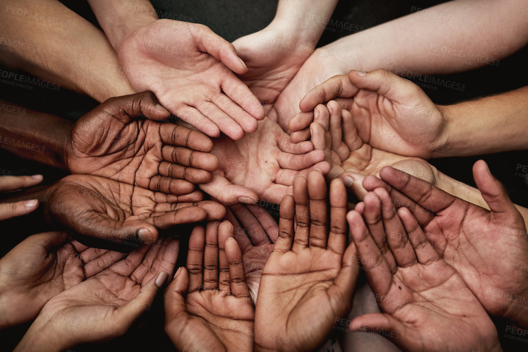 Buy stock photo Hands, cupped and together as group, unity and prayer for faith, collaboration and community. Above diversity, offering and palms for support or union, begging and charity or blessing closeup
