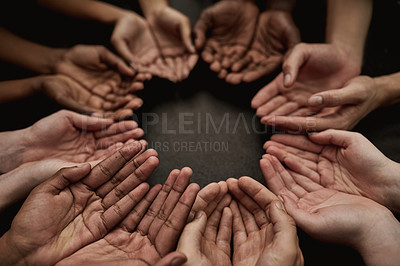 Buy stock photo Hands, poverty and prayer with palm for symbol with trust for motivation with unity in community with gratitude. Faith, religion and hardship with sign, poor and people with strength in together