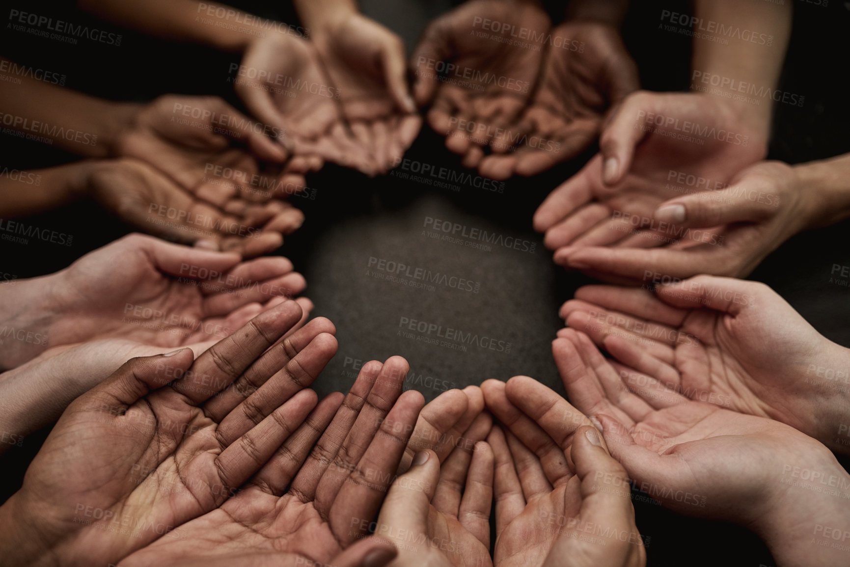 Buy stock photo Hands, poverty and prayer with palm for symbol with trust for motivation with unity in community with gratitude. Faith, religion and hardship with sign, poor and people with strength in together
