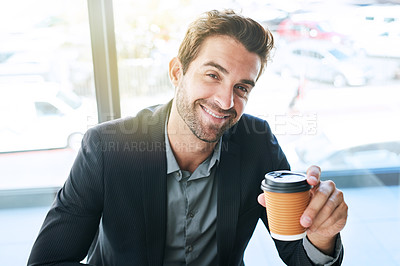 Buy stock photo Happy, portrait and businessman with coffee for morning or start at cafe or indoor restaurant. Young man or employee with smile enjoying beverage, latte or cappuccino drink for caffeine or business