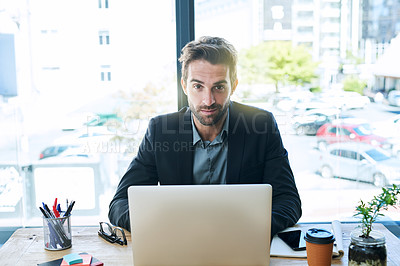 Buy stock photo Portrait, business and man with laptop, office and compliance officer with email for company policy. Face, employee and worker with computer and online reading for news on ethical standard and info