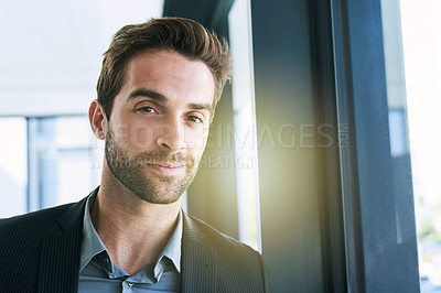 Buy stock photo Portrait, business and man with sunshine, modern office and startup with confidence and lawyer. Legal aid, happy person and attorney in workplace and lens flare with pride for company and growth