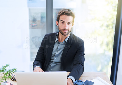 Buy stock photo Portrait, business and man with laptop, employee and compliance officer with email for company policy. Face, entrepreneur and worker with pc and online reading for news and stock market with trading
