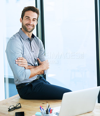 Buy stock photo Portrait, business man and confident with laptop in desk at office in startup company as legal advisor. Entrepreneur, table and happy as lawyer at law firm for career, job and opportunity with growth