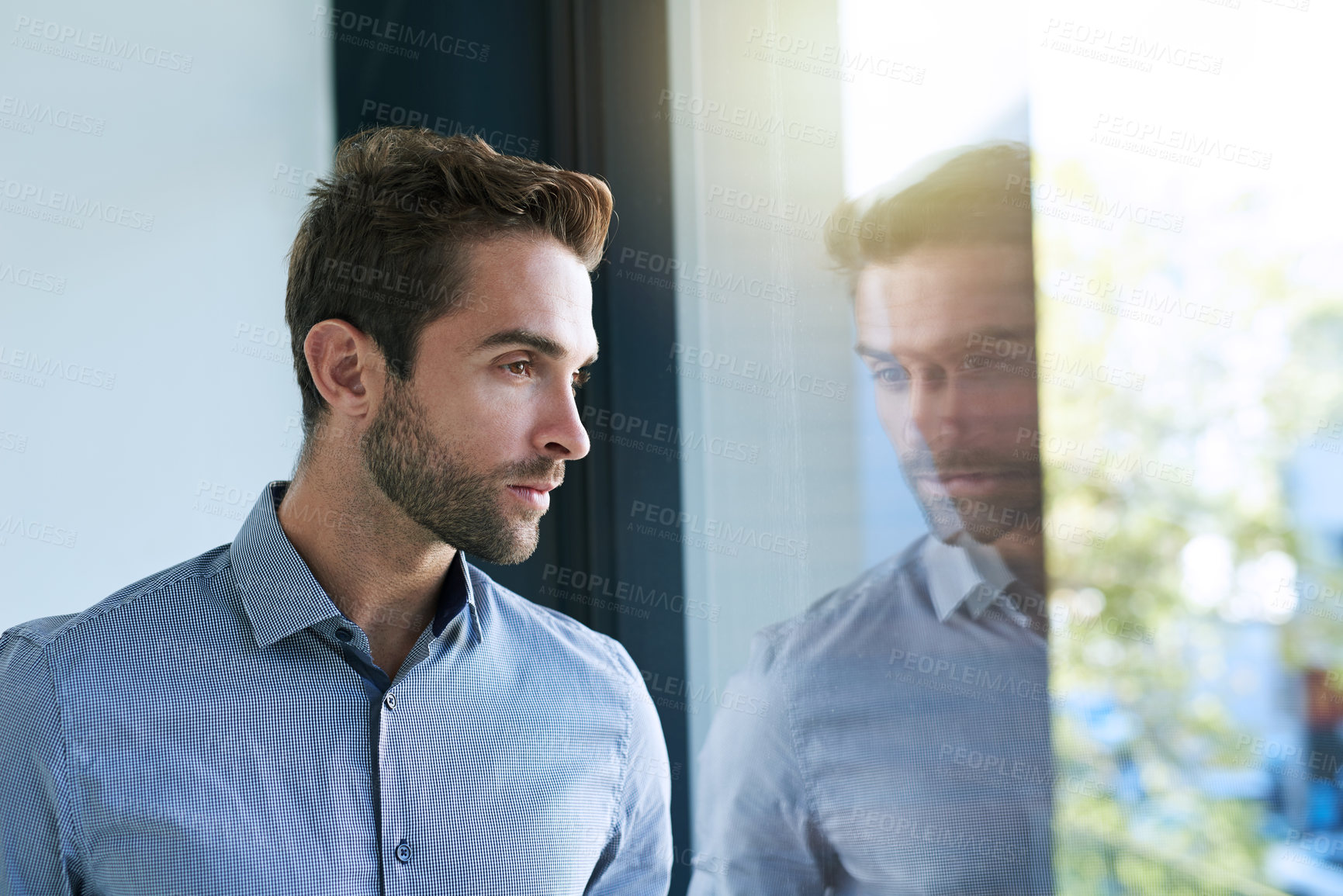 Buy stock photo Window, business and man in office thinking or ideas for startup company or career in corporate. Male employee, serious and reflection to wonder or dream for entrepreneurship, planning and vision.