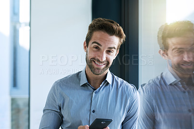 Buy stock photo Portrait, window and business with man, smartphone and typing with social media and notification for email app. Face, person and employee with cellphone and mobile user with smile and website info