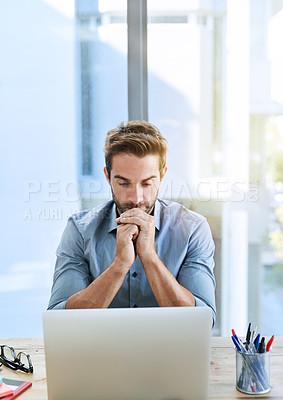 Buy stock photo Thinking, business man and laptop for internet in desk at office, startup company or agency. Entrepreneur, table and research for information, ideas and planning for creativity and project