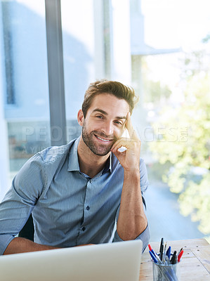 Buy stock photo Portrait, business man and smile with laptop in desk at office in startup company as legal advisor. Entrepreneur, table and pride as lawyer at law firm for career, job and opportunity with growth