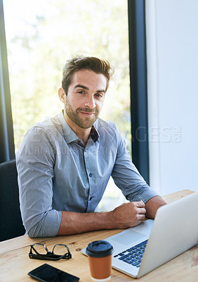 Buy stock photo Portrait, business man and laptop in desk at office with pride in startup company as legal advisor. Entrepreneur, table and happy as lawyer at law firm for career, job and opportunity with growth