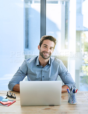 Buy stock photo Portrait, typing or business with laptop, man or employee with startup or editor in modern office. Face, writer or journalist with computer, publisher or idea for article or editing journal with tech