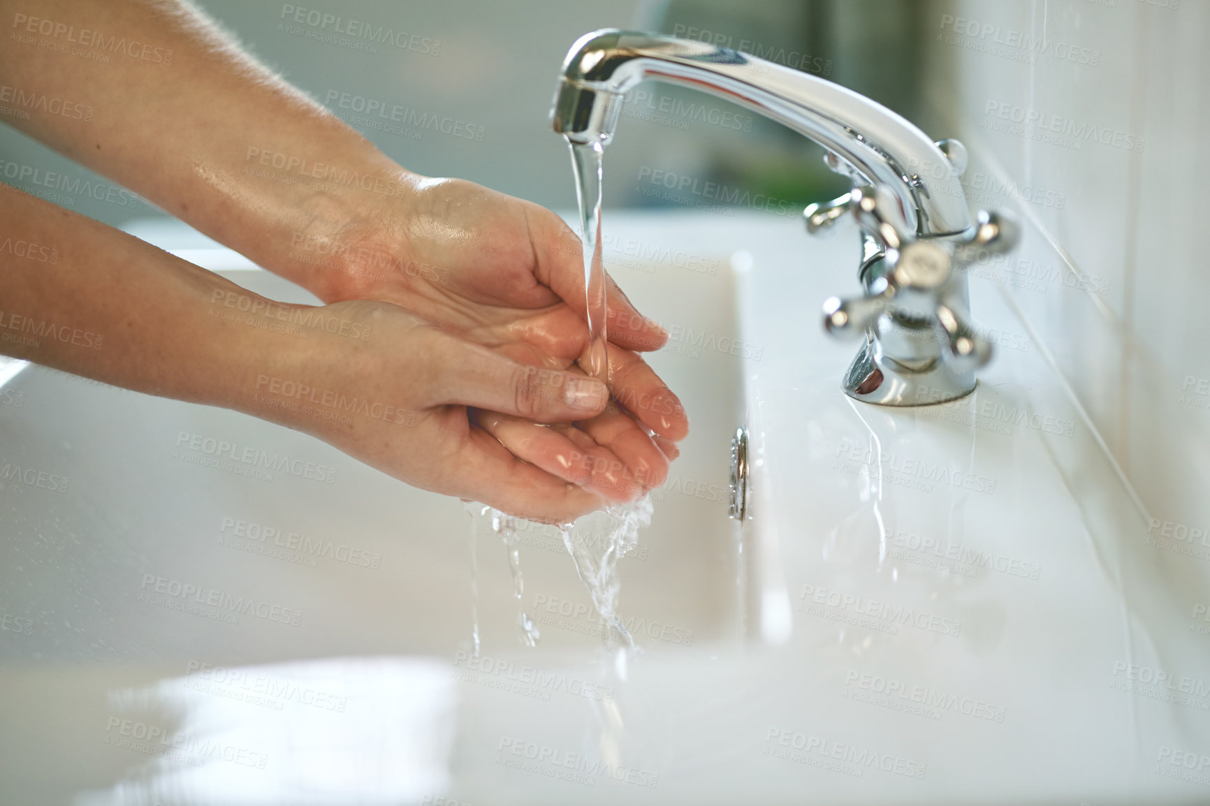 Buy stock photo Clean, bathroom and hands with water for wash or dirt, bacteria and safety from germs at home. Woman, cleaning and hand for self care for healthy person for disinfection and hygiene at the house.