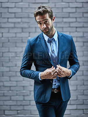 Buy stock photo Businessman, grey and brick in suit with confidence for fashion, clothing or trendy and cool. Male model, backdrop and stylish or edgy for career with corporate, lawyer with hands in Seattle or USA