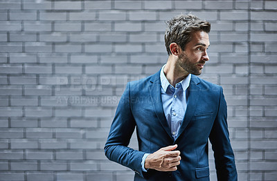 Buy stock photo Looking away, man and suit in city for corporate career, professional business or company. Young person, confident and handsome with formal wear for organisation, job or   success in urban on mockup

