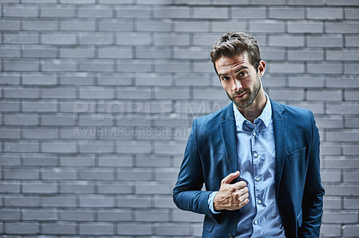 Buy stock photo Business man, fashion and travel for work in a city or on a wall background with a vision for success for startup goal. Urban portrait of a professional entrepreneur with a leadership mindset