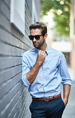 Buy stock photo Businessman, fashion and sunglasses in urban area for professional career, job or salesman with pride. Employee, male person and formal outfit for startup project, company and style with eyewear