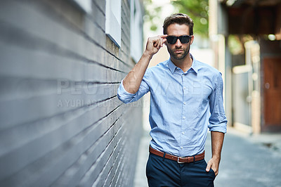 Buy stock photo Confident, man and lawyer in street with sunglasses for fashion, style and trendy in outdoor. Male person, pride and paralegal in town for work, corporate or career as professional in New York City