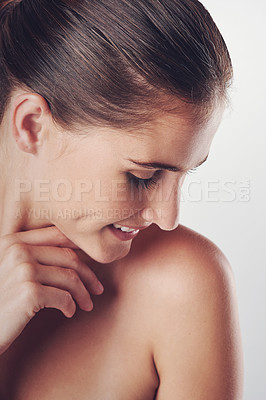 Buy stock photo Woman, skincare and happy in studio for wellness with soft, smooth and clear skin complexion. Girl, isolated and white background for cosmetics or dermatology, self care and confidence with beauty.