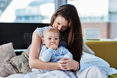 Buy stock photo Mother, baby and sad with depression at family home due to mental health and is frustrated. Child, mom and postpartum with worry and anxiety at home with insomnia has love for children development.