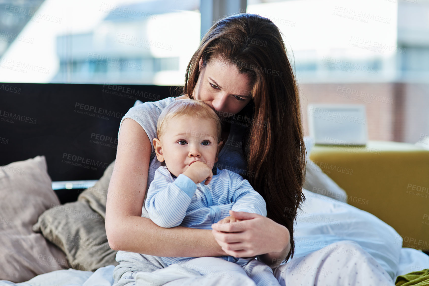 Buy stock photo Mother, baby and sad with depression at family home due to mental health and is frustrated. Child, mom and postpartum with worry and anxiety at home with insomnia has love for children development.