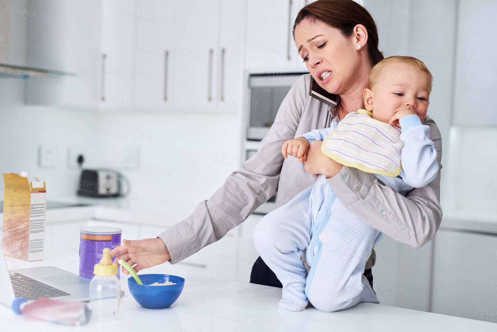 Buy stock photo Shot of a mother and her baby boy at home 