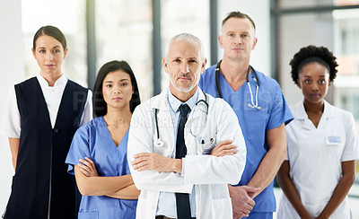 Buy stock photo Healthcare, teamwork and portrait of doctors with nurses in hospital with arms crossed for leadership or support. Health, people and proud medical team with diversity in collaboration or solidarity 