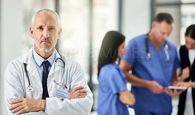 Buy stock photo Health care, pride and portrait of senior doctor with leadership in hospital or support in clinic. Healthcare boss, medicine, and serious face of confident man or medical professional in management.
