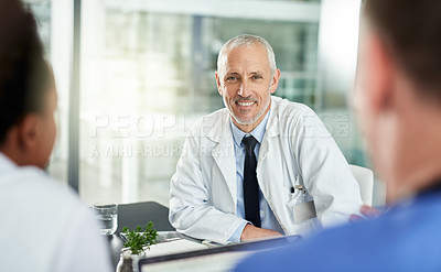 Buy stock photo Portrait, man and doctor with team in office for meeting, clinic collaboration and leadership of medical partnership. Happy healthcare worker, manager and expert consulting with employees in hospital