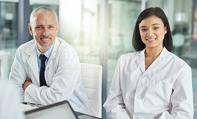 Buy stock photo Doctor, partnership or team portrait with senior man, woman or leadership for healthcare, wellness or together in hospital. Medic staff, mentor and experience for teamwork, support or collaboration