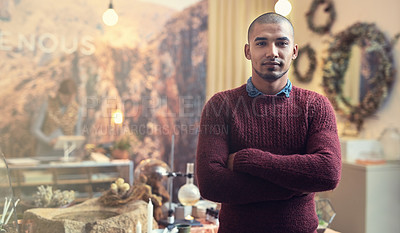 Buy stock photo Small business, man and arms crossed at ointment shop with confidence, pride and smile in Brazil. Male person, store assistance and employee on portrait with hope for growth and career opportunity