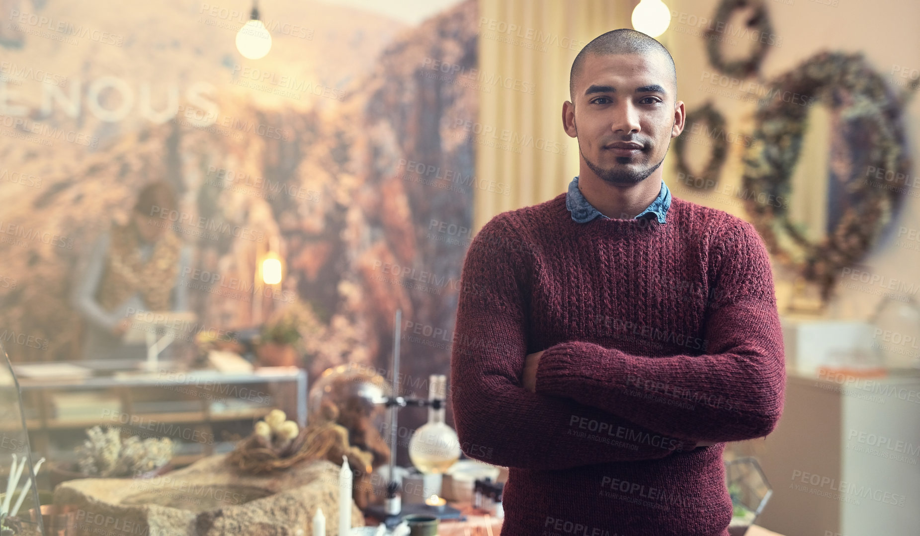 Buy stock photo Small business, man and arms crossed at ointment shop with confidence, pride and smile in Brazil. Male person, store assistance and employee on portrait with hope for growth and career opportunity